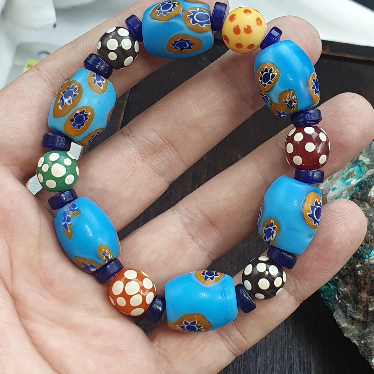 Sky Blue Murano Style Glass Bracelet, Vintage Venetian Style Trade Beads, Chunky Mosaic Floral Bead,
