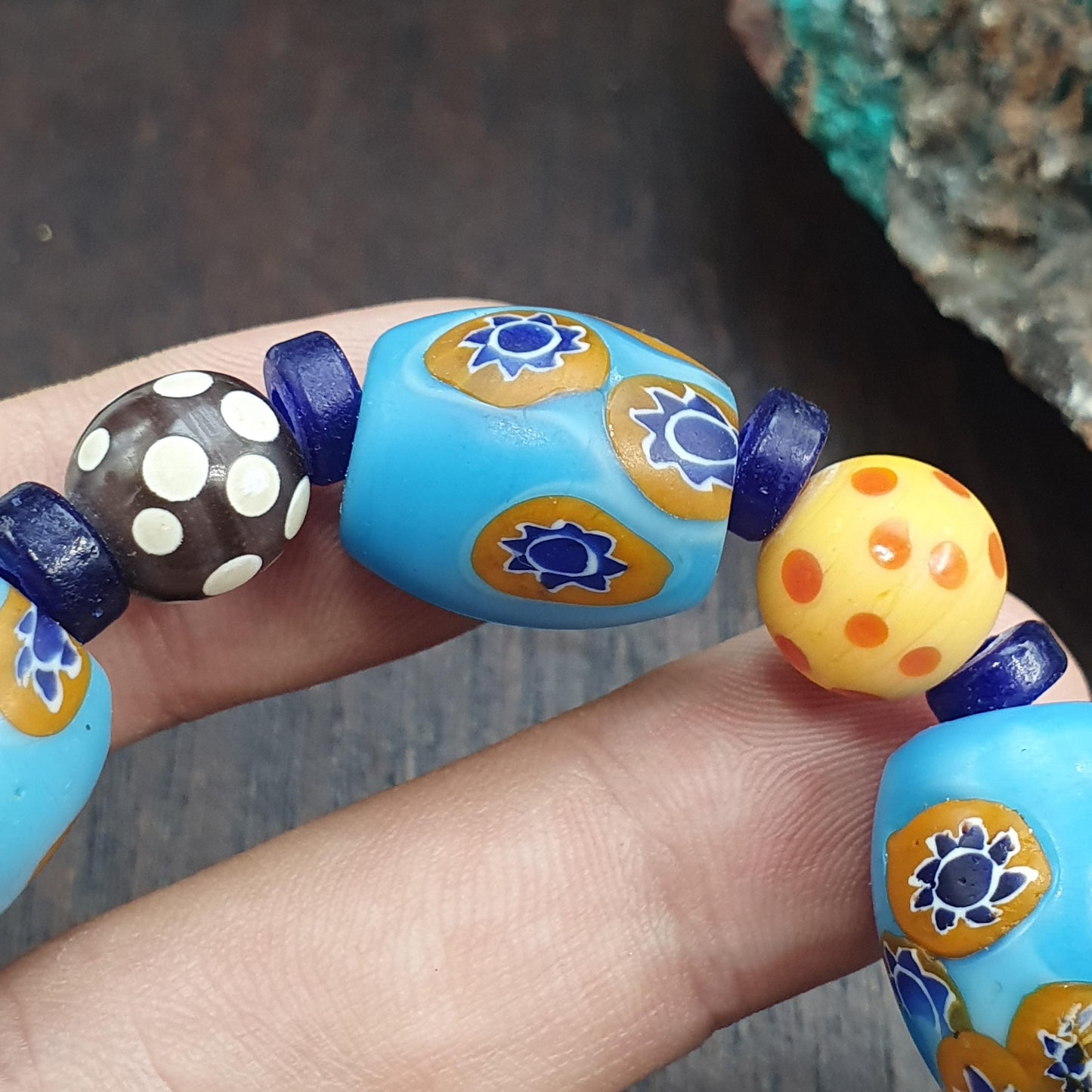 Sky Blue Murano Style Glass Bracelet, Vintage Venetian Style Trade Beads, Chunky Mosaic Floral Bead,