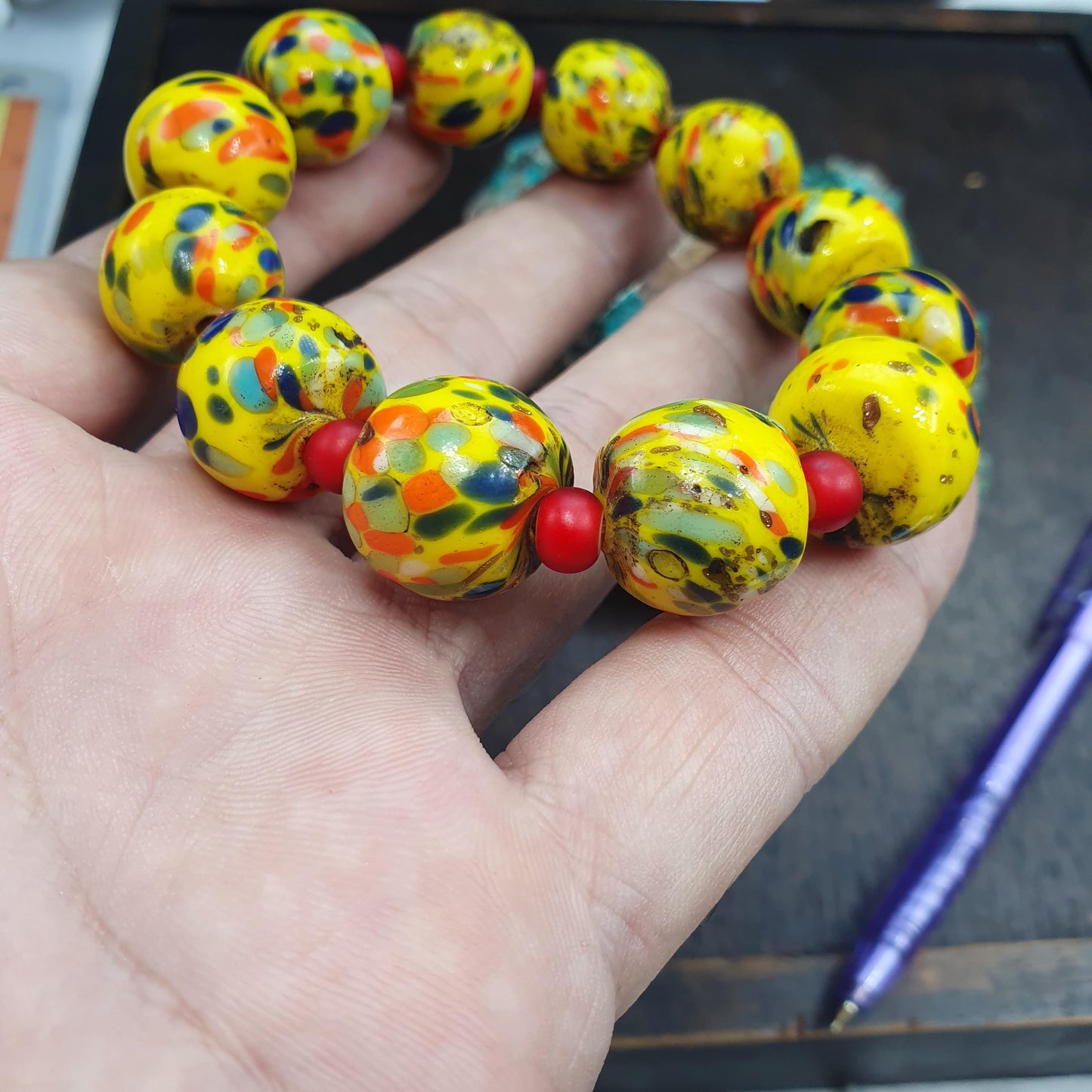 Yellow Venetian Style Glass Trade Bead Bracelet, Colorful Confetti Splatter Lampwork Beads, African Trade Bead Jewelry, Vibrant Boho Gift