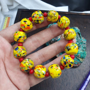 Venetian Glass Beads, Travel Boho Bracelet - Yellow Confetti Lampwork, Barrel Fleck, Red Spacer Accents | Stretch
