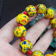 Venetian Glass Beads, Travel Boho Bracelet - Yellow Confetti Lampwork, Barrel Fleck, Red Spacer Accents | Stretch