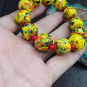 Venetian Glass Beads, Travel Boho Bracelet - Yellow Confetti Lampwork, Barrel Fleck, Red Spacer Accents | Stretch