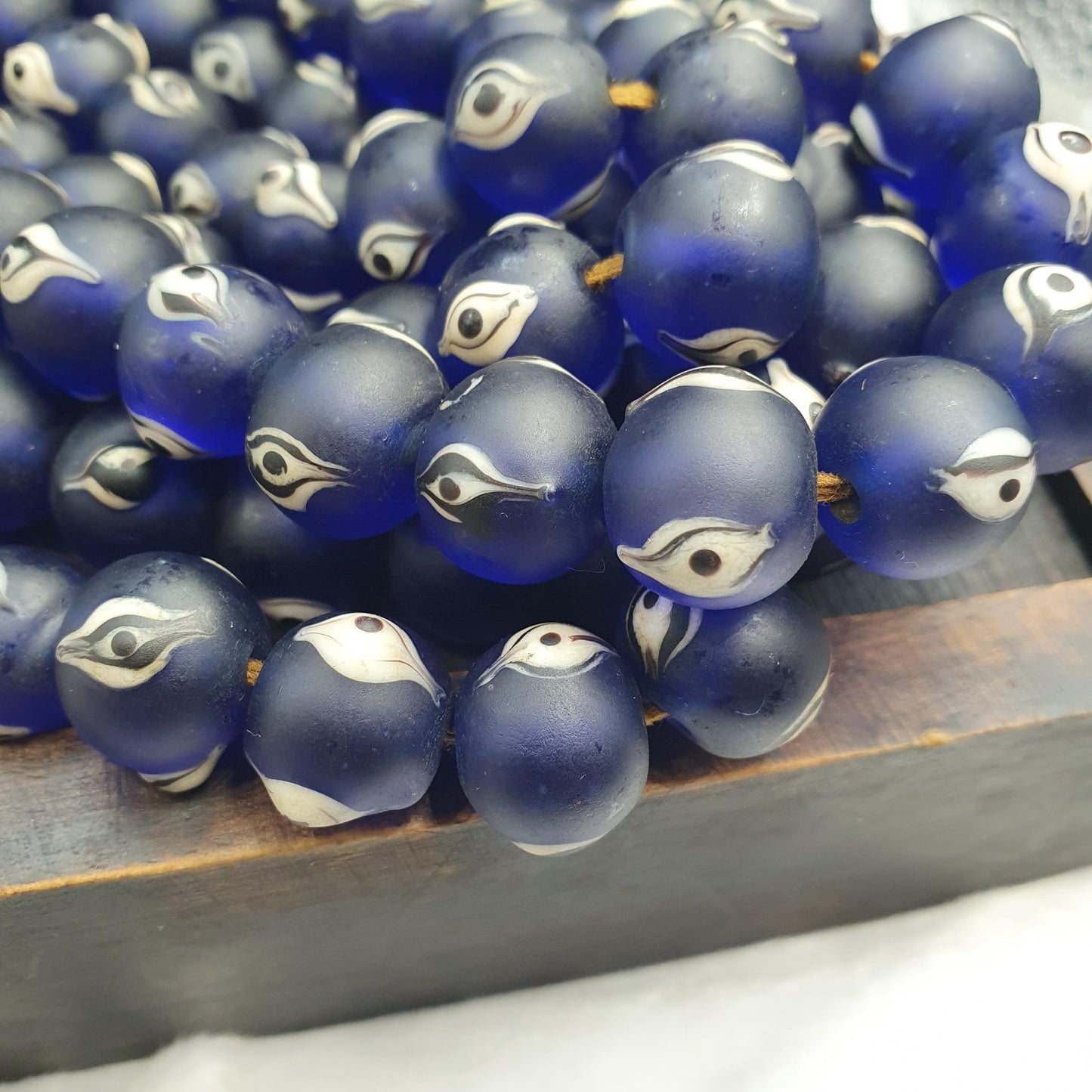 Cobalt Blue Evil Eye Glass Trade Bead Strand, Antique Style Eye Beads, African Trade Bead Necklace, Historical Craft Supplies