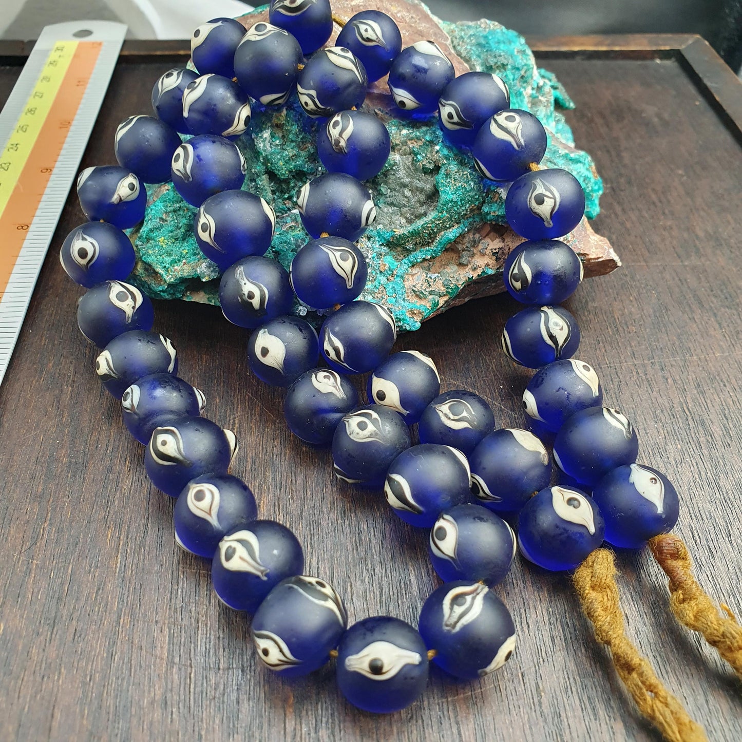 Cobalt Blue Evil Eye Glass Trade Bead Strand, Antique Style Eye Beads, African Trade Bead Necklace, Historical Craft Supplies
