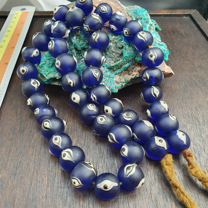 Cobalt Blue Evil Eye Glass Trade Bead Strand, Antique Style Eye Beads, African Trade Bead Necklace, Historical Craft Supplies