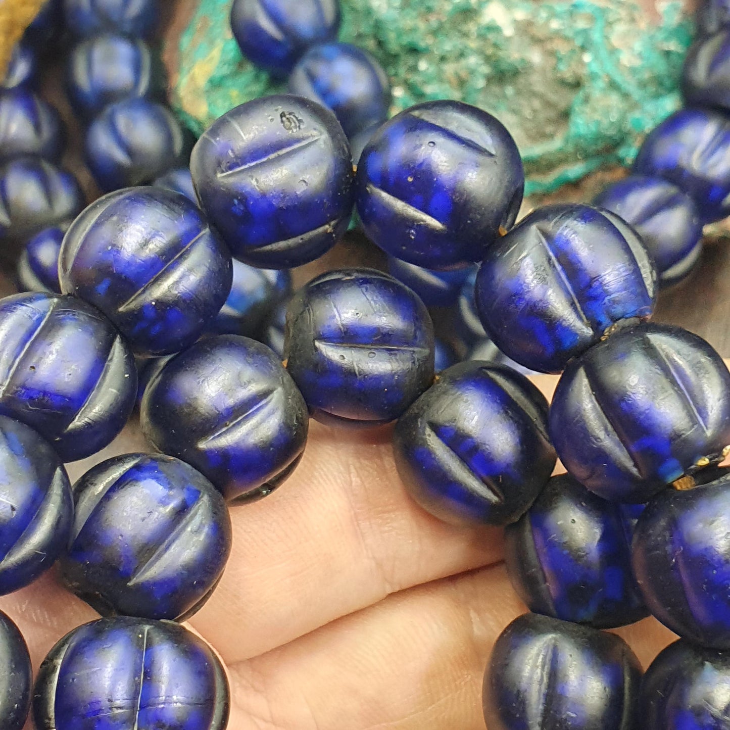 Cobalt Blue Melon Glass Trade Bead Strand, Antique Venetian Style Ribbed Beads Beautiful old african blue glass antique beads 17-18mm
