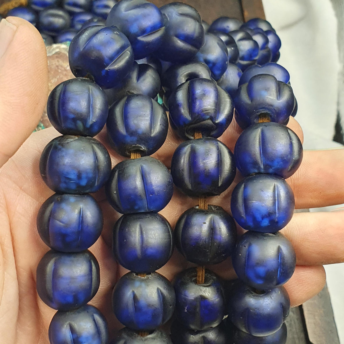 Cobalt Blue Melon Glass Trade Bead Strand, Antique Venetian Style Ribbed Beads Beautiful old african blue glass antique beads 17-18mm