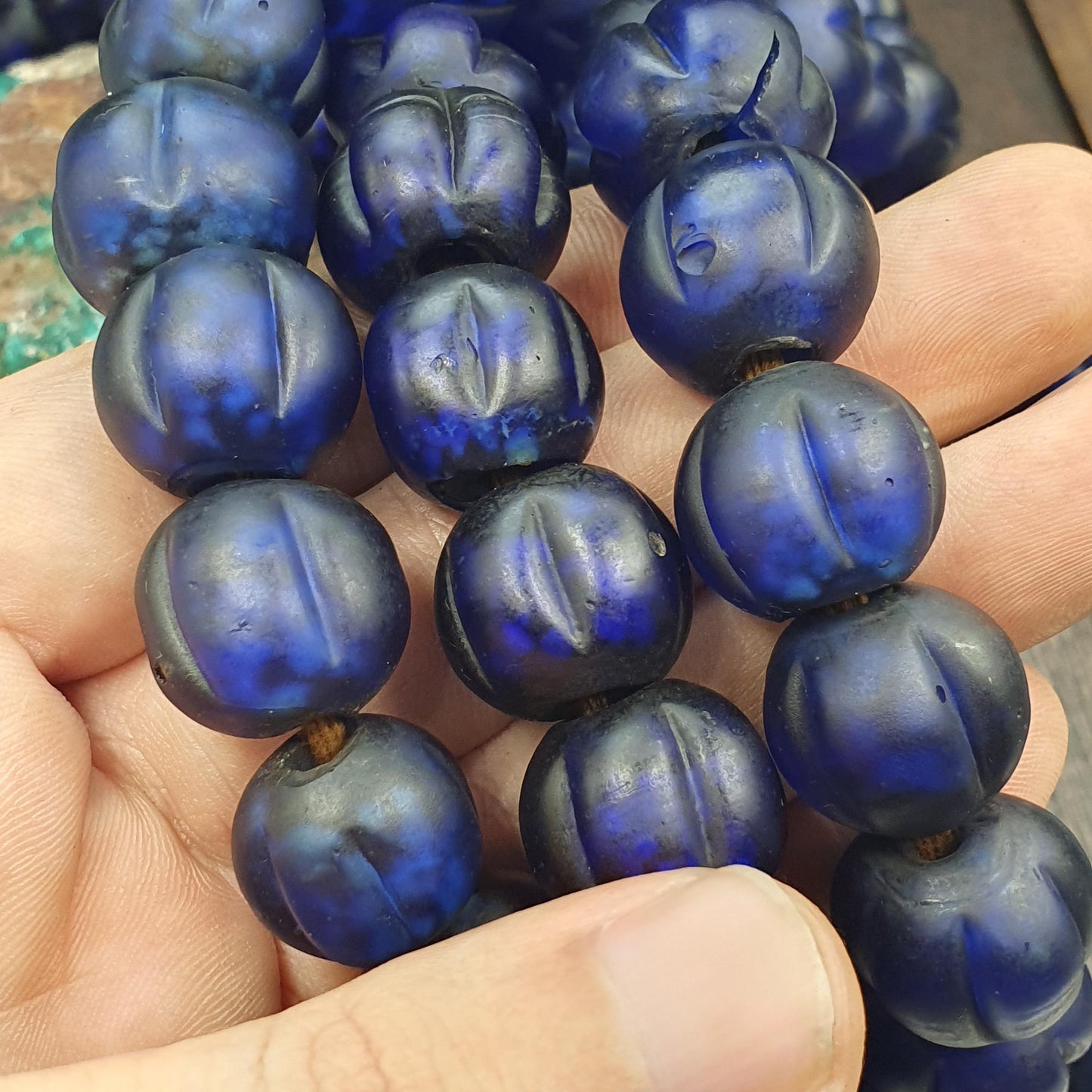 Cobalt Blue Melon Glass Trade Bead Strand, Antique Venetian Style Ribbed Beads Beautiful old african blue glass antique beads 17-18mm