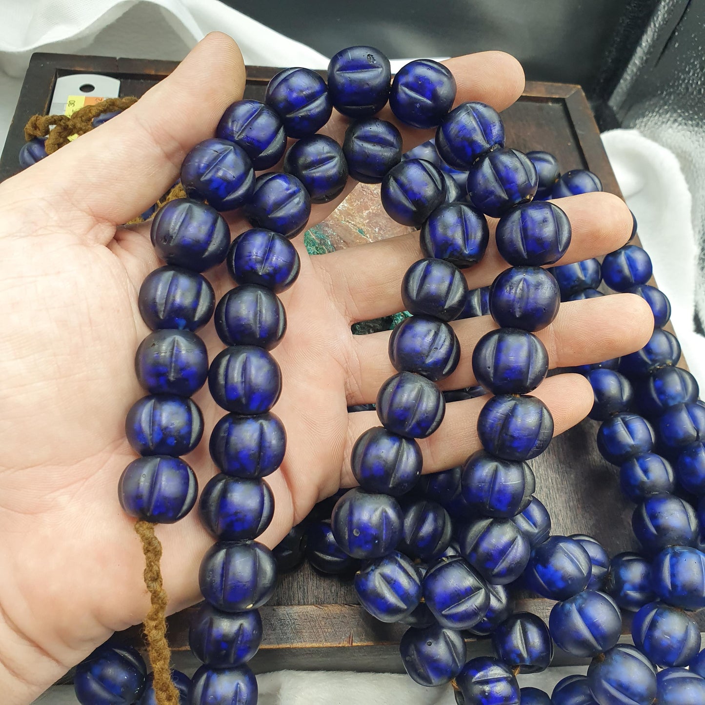 Cobalt Blue Melon Glass Trade Bead Strand, Antique Venetian Style Ribbed Beads Beautiful old african blue glass antique beads 17-18mm