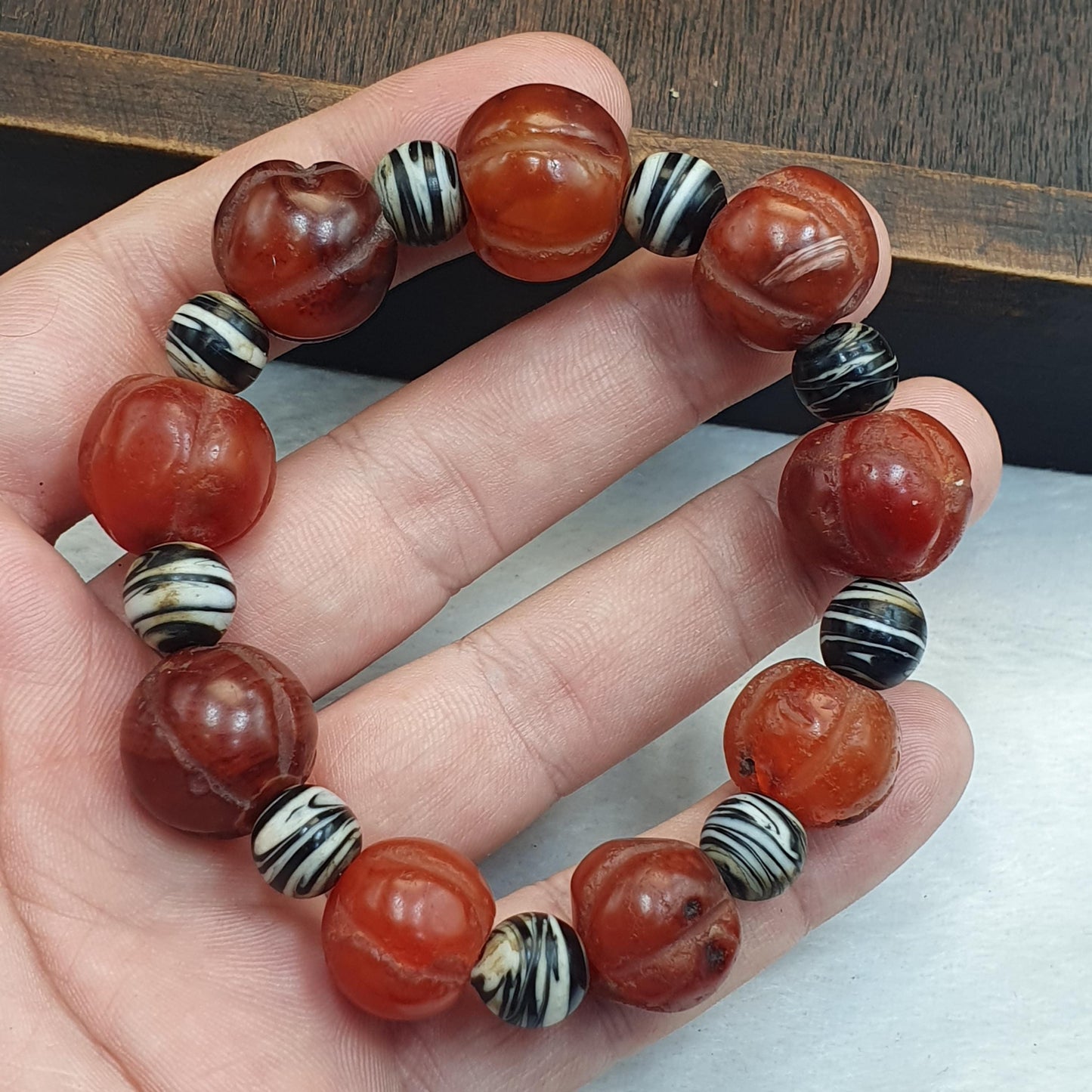 Antique Tibetan carnelian agate beads melon shape beaded Bracelet 19-16mm