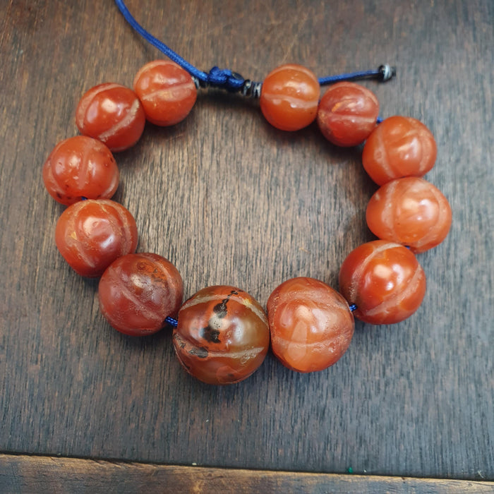 Antique Melon Carved Agate Beads Strand Old Carnelian Pumpkin Fluted Totem Rare Bracelet