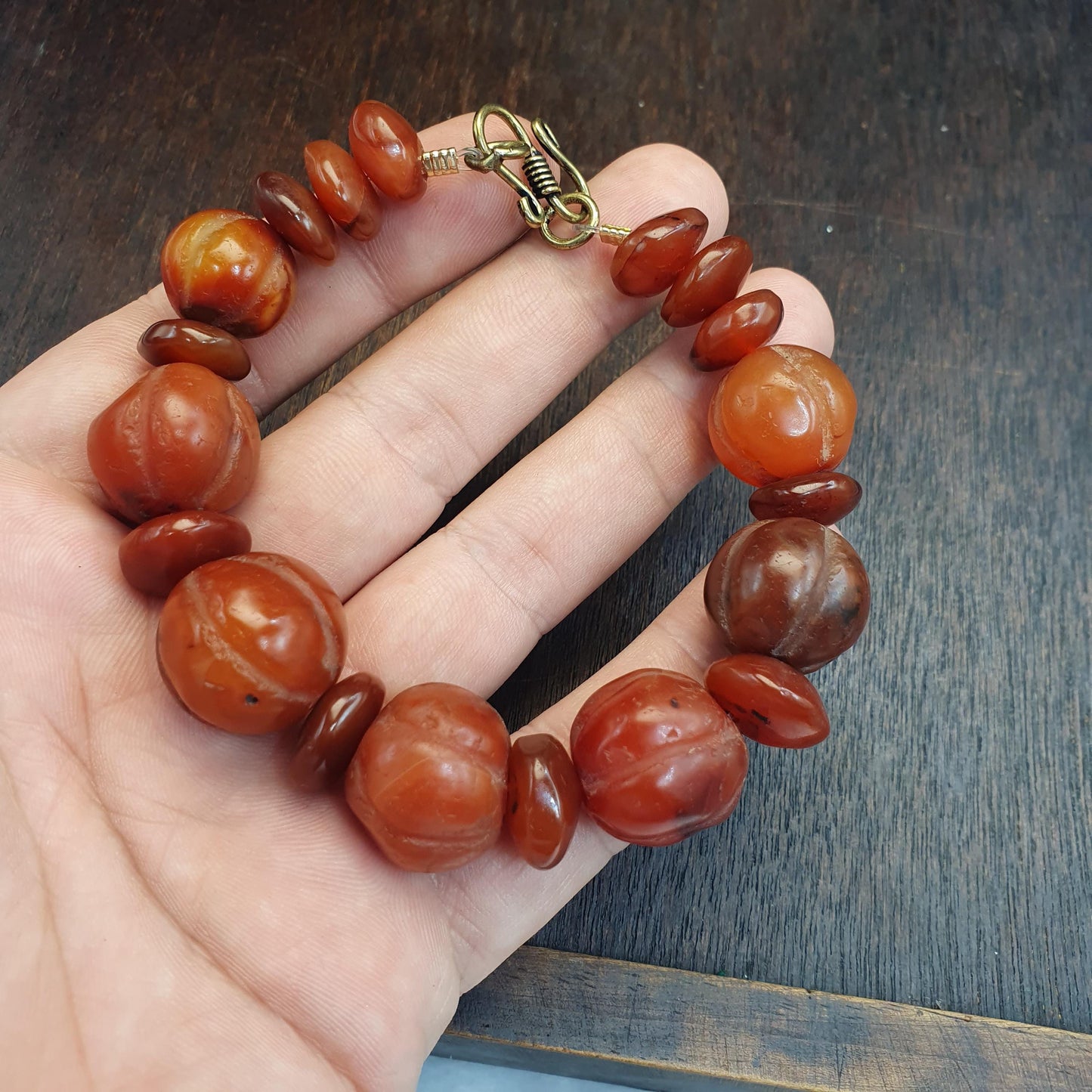 Ancient Carved Melon Agate Bead Bracelet, Hand Carved Fluted Carnelian, Antique Silk Road Trade Beads, Rare Archeological Focal Gift