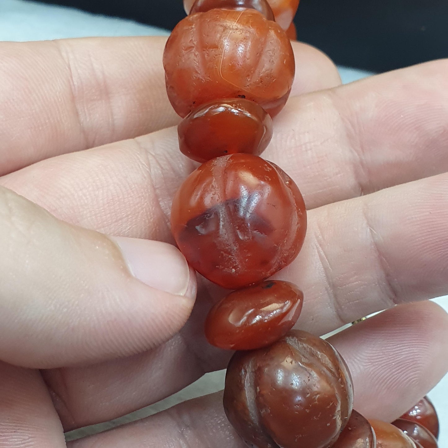 Ancient Carved Melon Agate Bead Bracelet, Hand Carved Fluted Carnelian, Antique Silk Road Trade Beads, Rare Archeological Focal Gift