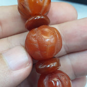 Ancient Carved Melon Agate Bead Bracelet, Hand Carved Fluted Carnelian, Antique Silk Road Trade Beads, Rare Archeological Focal .