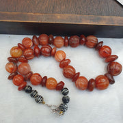 Antique Carved Melon Carnelian Agate Necklace, Old Striped Agate Focal Beads Strand, Pumpkin Shape Amulet, Rare Ethnographic Jewelry