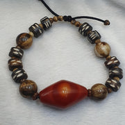 Old Himalayan Agate, Tibetan Carved Bone Bracelet | Unique Eyes Pattern, Vintage Ethnic Boho, Single Strand
