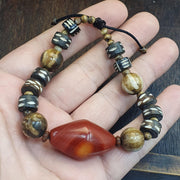Old Himalayan Agate, Tibetan Carved Bone Bracelet | Unique Eyes Pattern, Vintage Ethnic Boho, Single Strand
