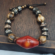 Old Himalayan Agate, Tibetan Carved Bone Bracelet | Unique Eyes Pattern, Vintage Ethnic Boho, Single Strand