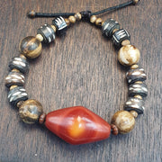 Old Himalayan Agate, Tibetan Carved Bone Bracelet | Unique Eyes Pattern, Vintage Ethnic Boho, Single Strand