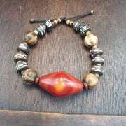Old Himalayan Agate, Tibetan Carved Bone Bracelet | Unique Eyes Pattern, Vintage Ethnic Boho, Single Strand