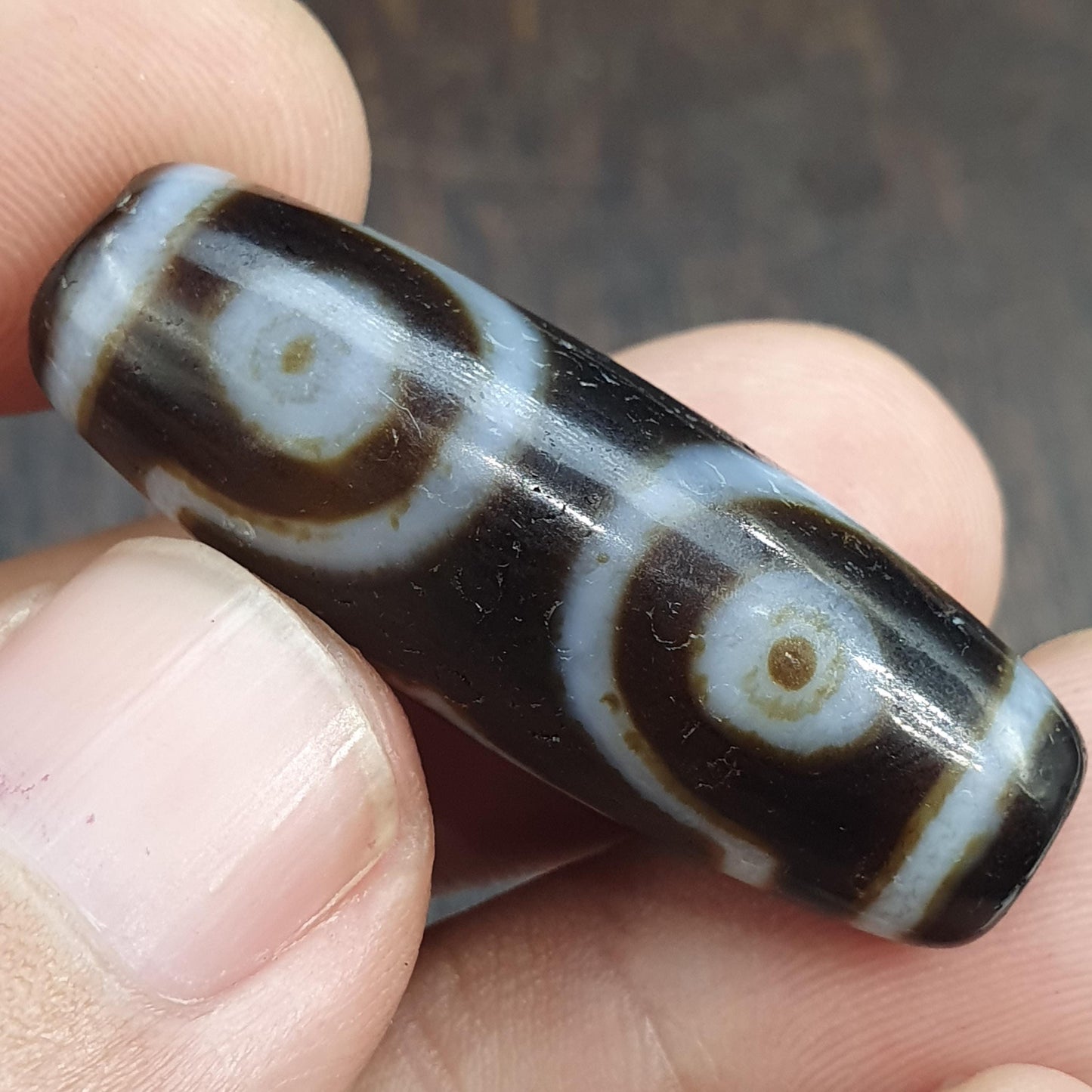 Unique 3 Eyes Pattern OLD Himalayan Indo Tibetan Agate Dzi Amulet Bead