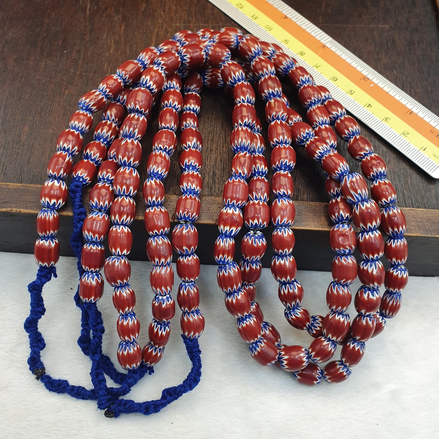 Vintage venetian style Maroon, blue chevron 9.5mm beads 24" long strand