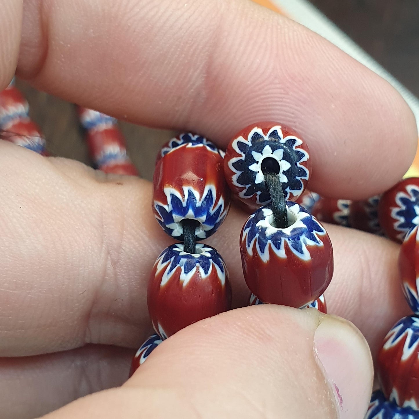 Vintage venetian style Maroon, blue chevron 9.5mm beads 24" long strand