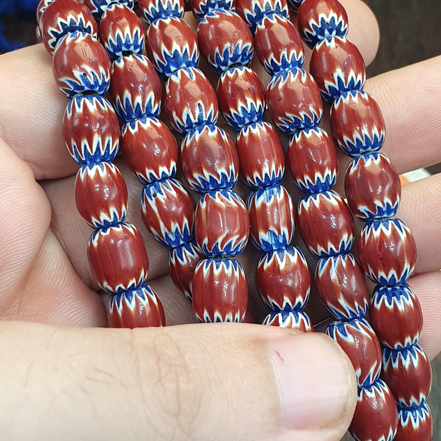Vintage venetian style Maroon, blue chevron 9.5mm beads 24" long strand
