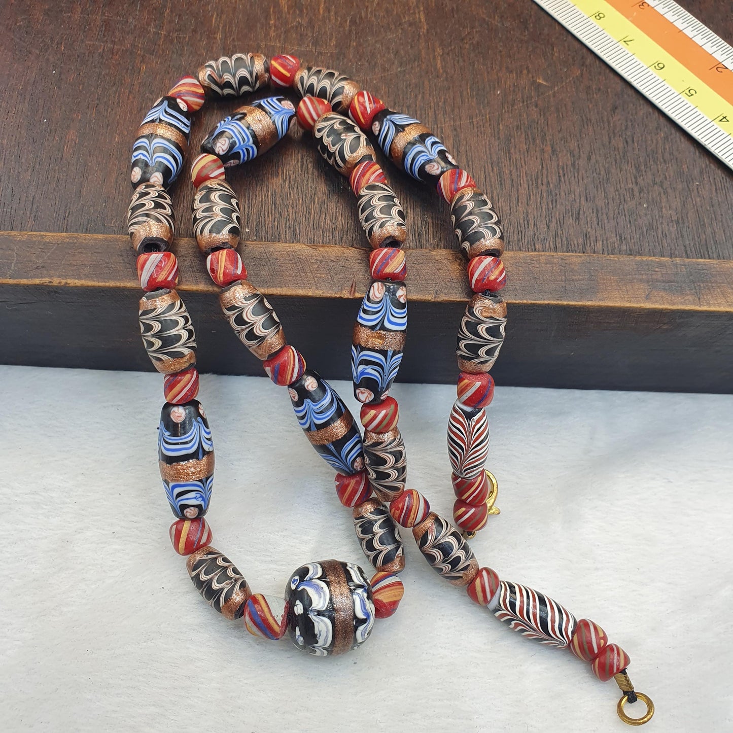 Vintage Feather pattern Glass Bead Necklace: 22 Inch Strand
