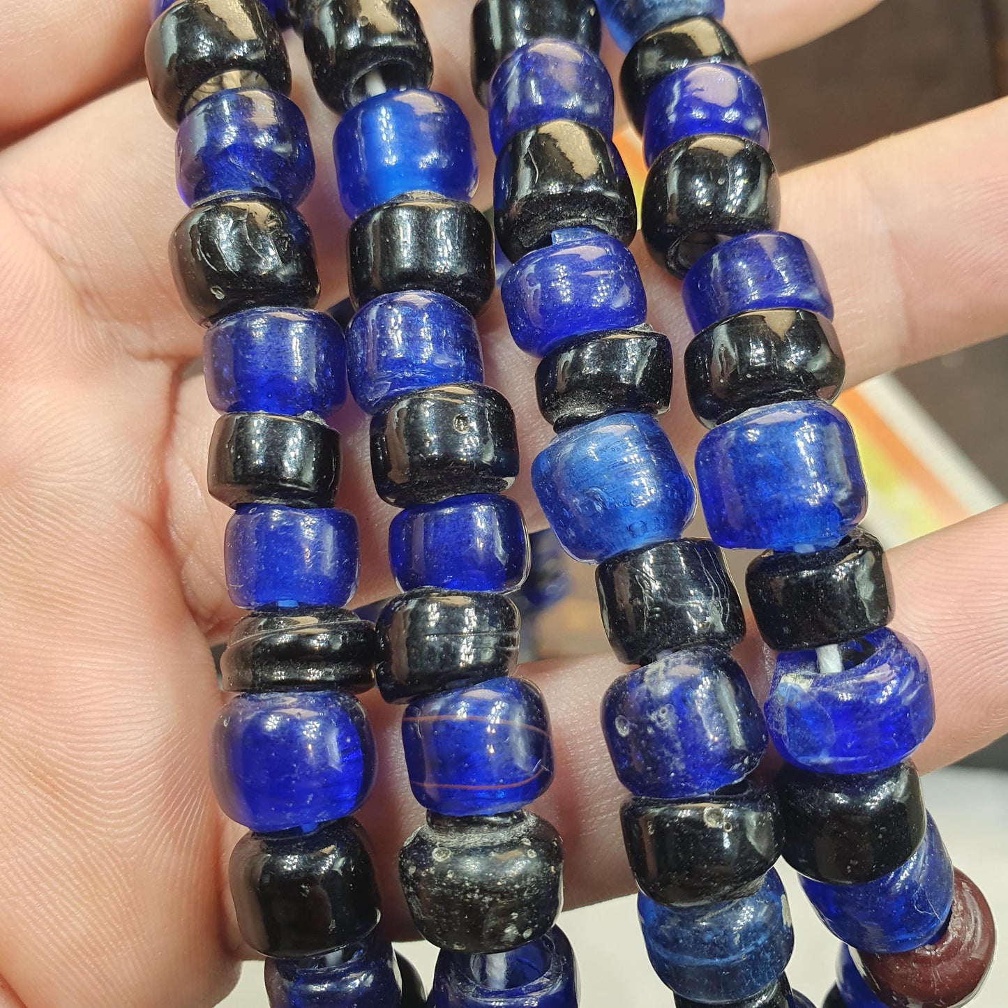 Vintage Cobalt Blue Black Glass Wound Ring Donut Strands 9mm 10mm  lot 2 Strands