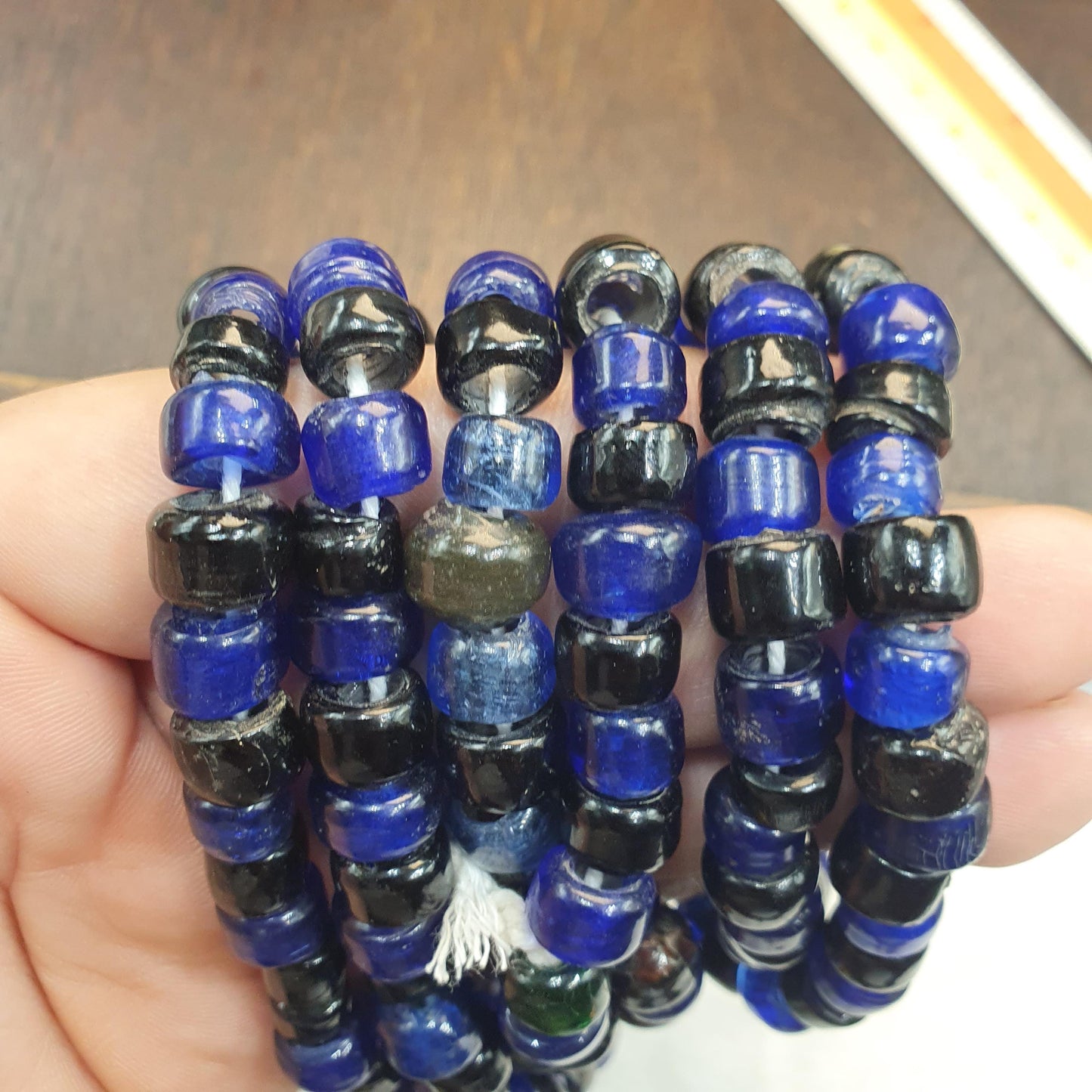 Vintage Cobalt Blue Black Glass Wound Ring Donut Strands 9mm 10mm  lot 2 Strands