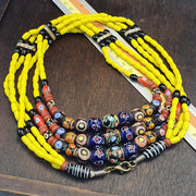 3 Strand Yellow & Blue Millefiori Art Glass Necklace • Vintage Venetian Style Mosaic Bead Boho Jewelry .