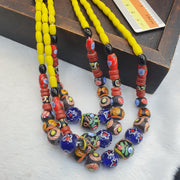 3 Strand Yellow & Blue Millefiori Art Glass Necklace • Vintage Venetian Style Mosaic Bead Boho Jewelry .