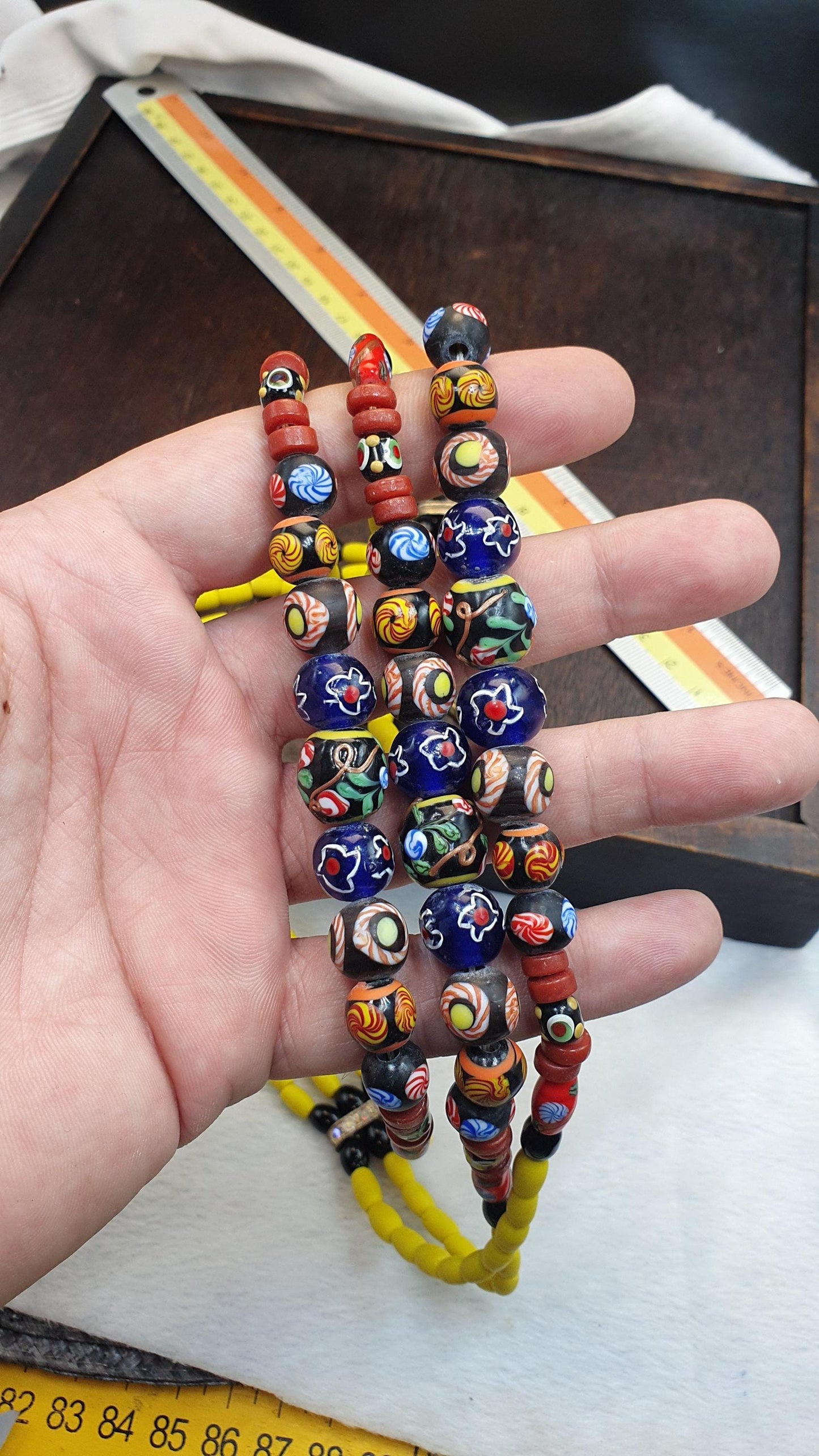 3 Strand Yellow & Blue Millefiori Art Glass Necklace • Vintage Venetian Style Mosaic Bead Boho Jewelry Gift