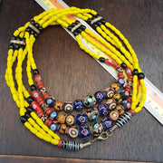 3 Strand Yellow & Blue Millefiori Art Glass Necklace • Vintage Venetian Style Mosaic Bead Boho Jewelry .