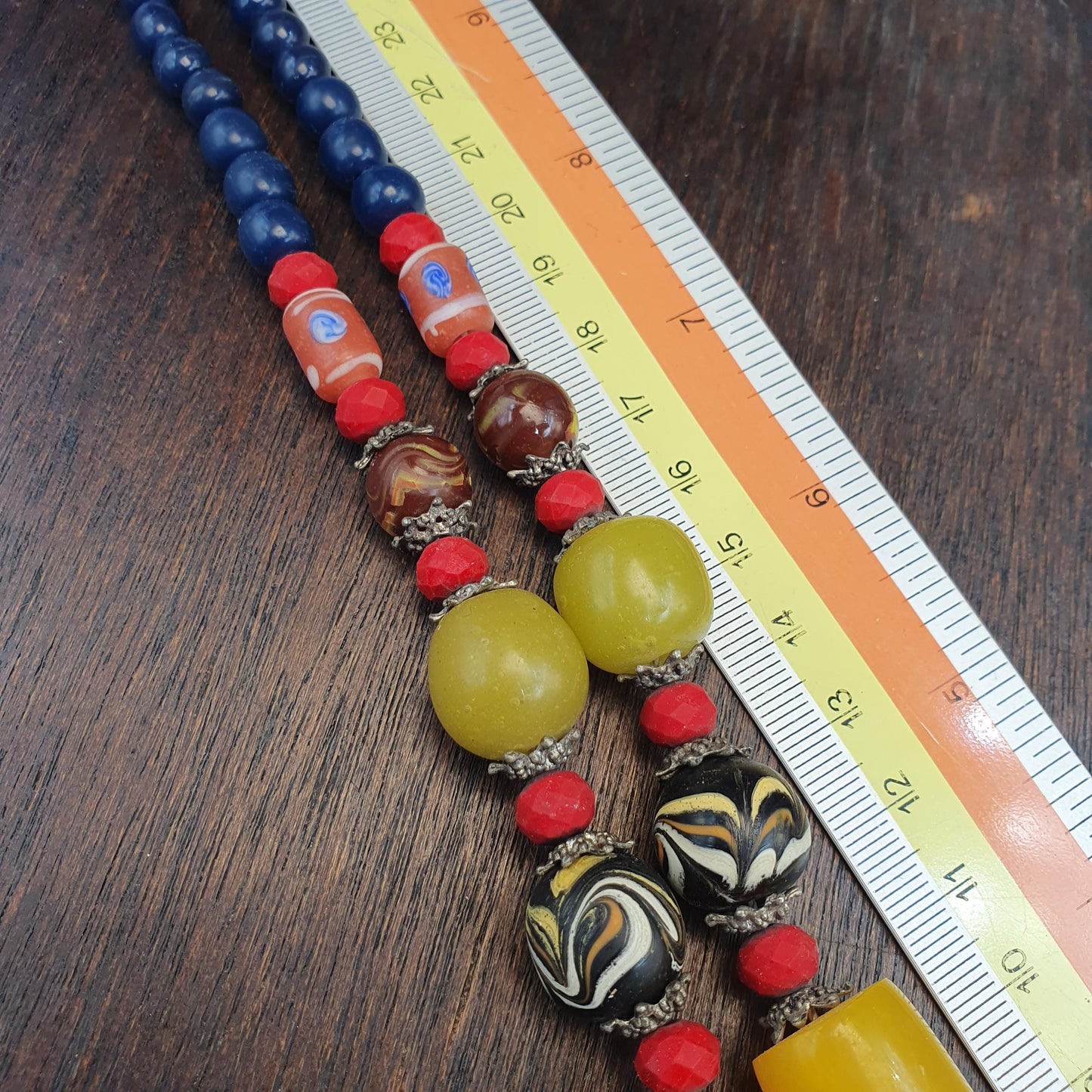 Venetian Style Beads Strand Layered Star Mold Glass Beads • Red White Rossetta Beads Collector Estate Jewelry