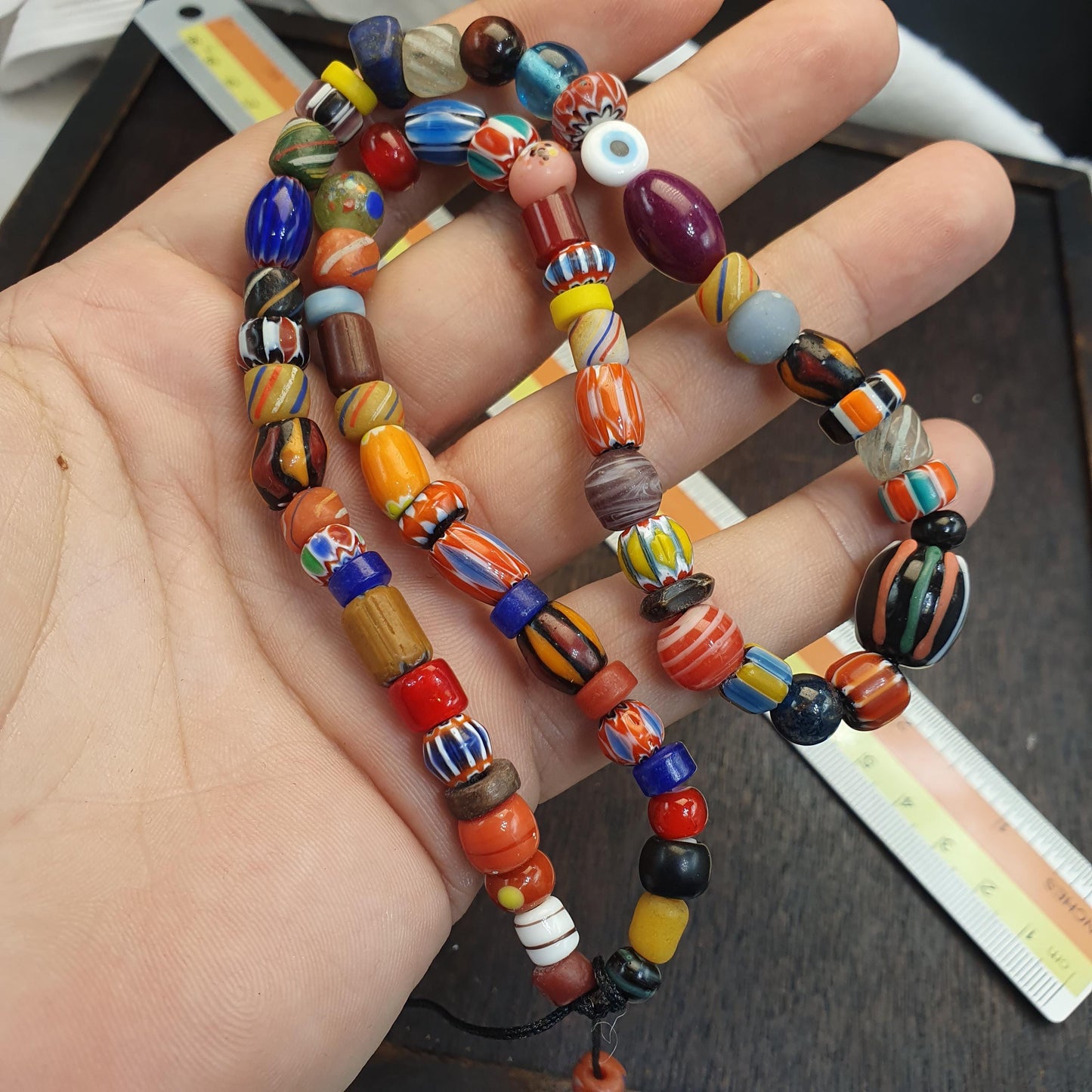 Venetian Style Chevron Bead Necklace, Multi Color Murano Style Glass Beads, Mixed Gemstone and Stone Bead Choker, Tribal Mask Pendant