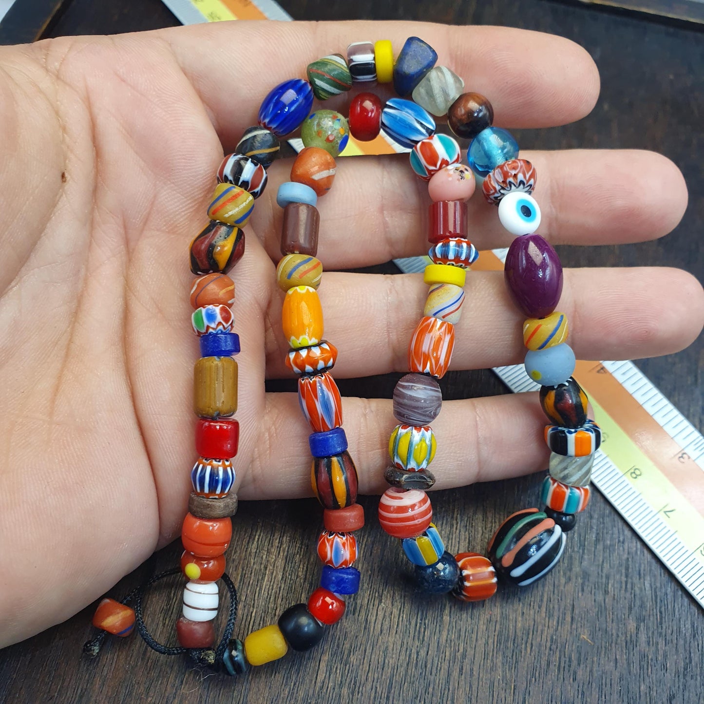Venetian Style Chevron Bead Necklace, Multi Color Murano Style Glass Beads, Mixed Gemstone and Stone Bead Choker, Tribal Mask Pendant