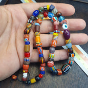 Venetian Style Chevron Bead Necklace, Multi Color Murano Style Glass Beads, Mixed Gemstone and Stone Bead Choker, Tribal Mask Pendant