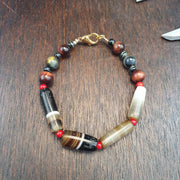Antique Old Yemeni, Striated White Agate Beaded Bracelet | Tigereye Accent, Tubular Beads