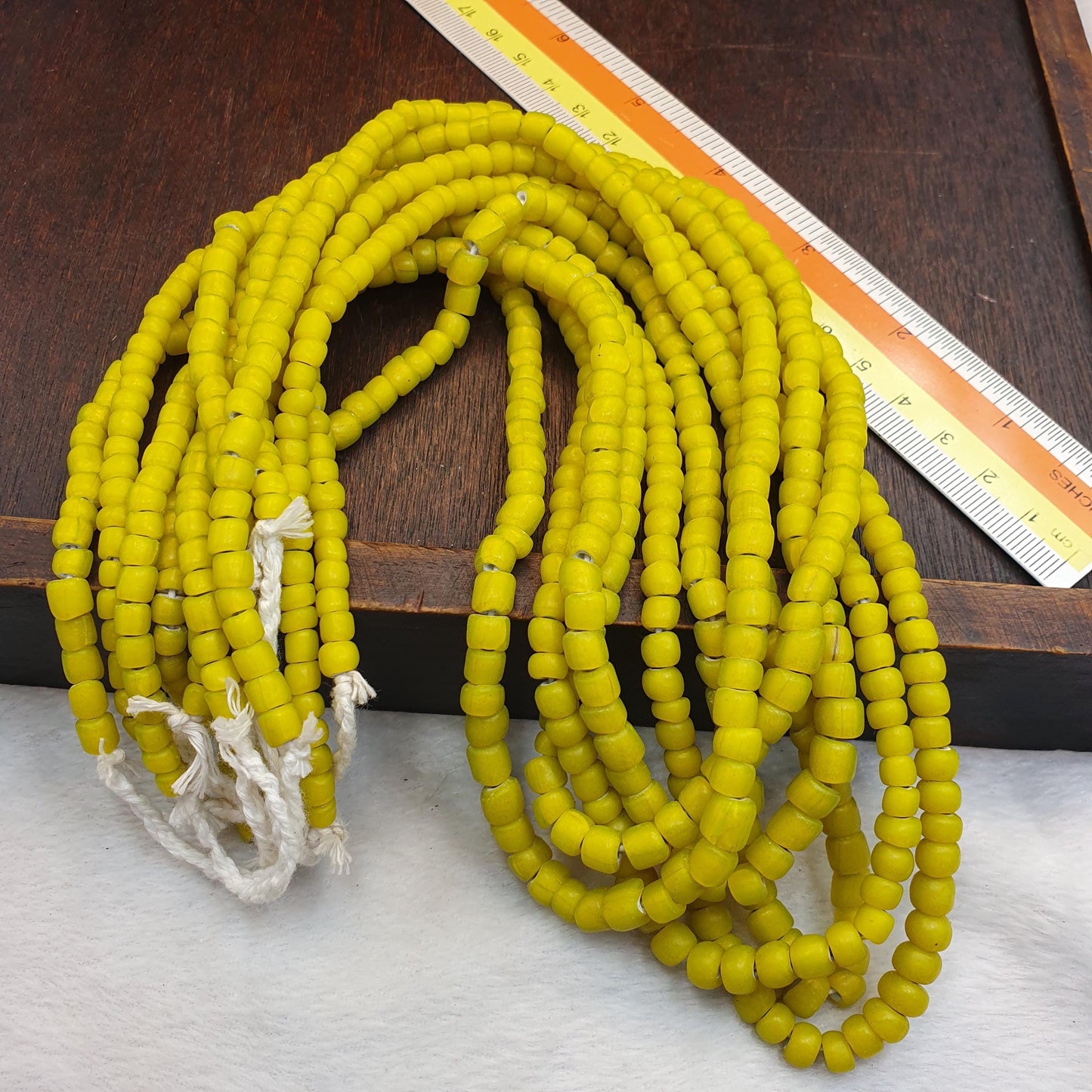 Yellow white heart 6 mm Czech Republic glass beads long strand necklace