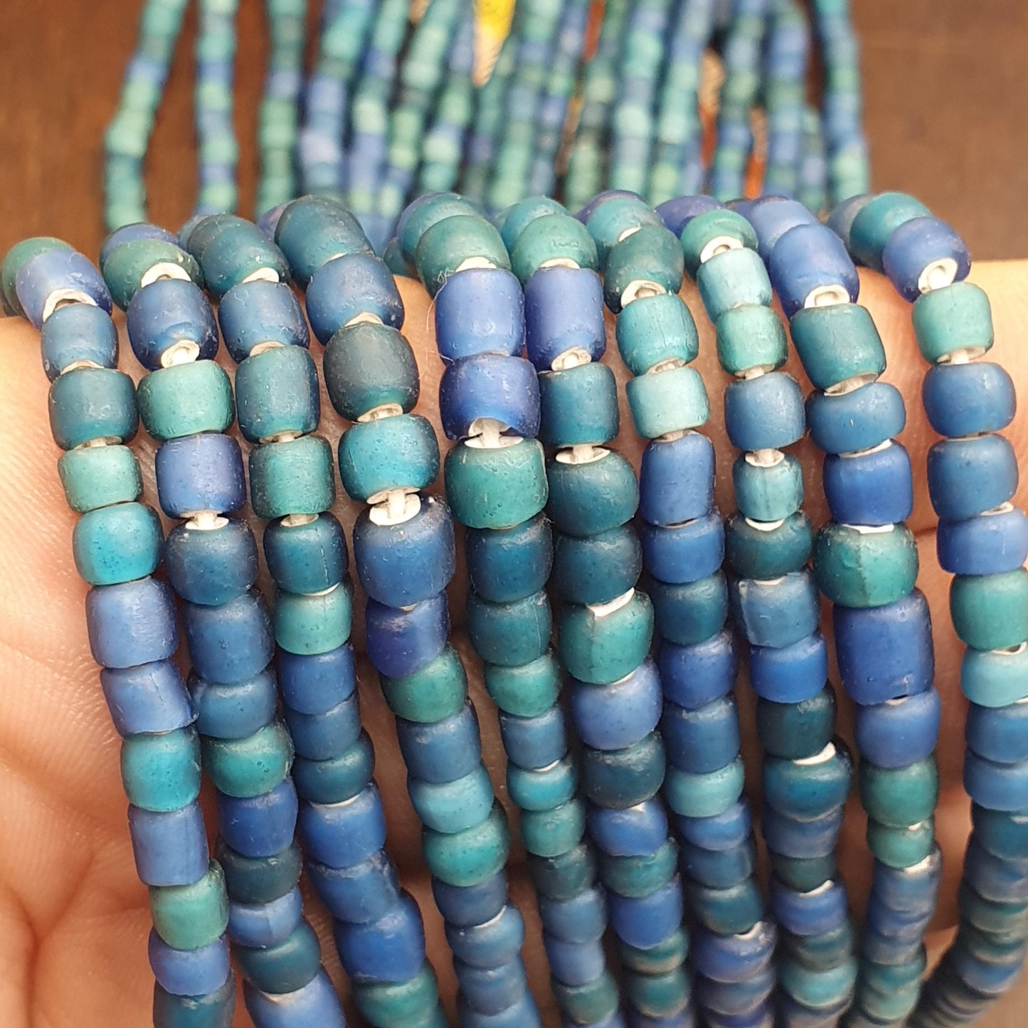 Blue white heart 5.5-7 mm Czech Republic glass beads long strand necklace