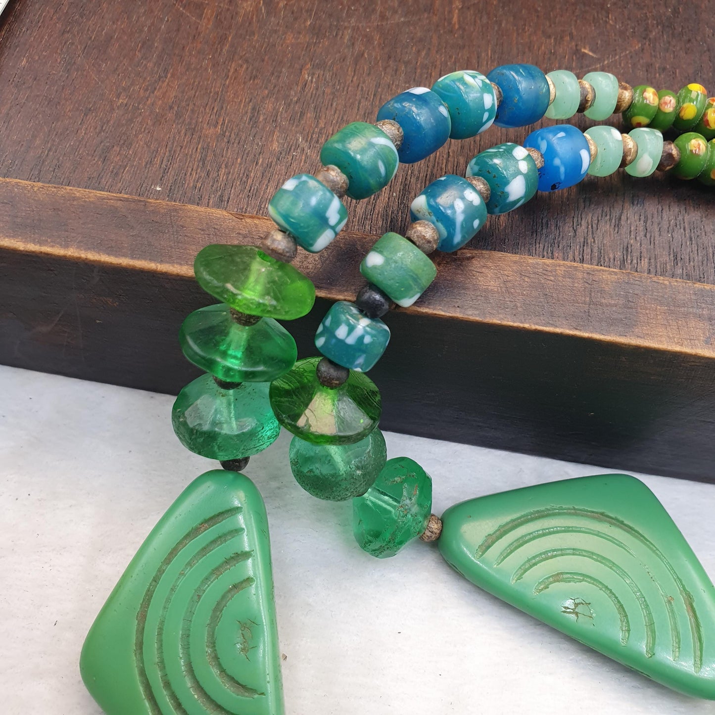 Rare Antique African Trade Bead Necklace Green Carved Glass Statement Necklace | Handcrafted Ethnic Tribal Jewelry Collectibles