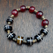 Antique Yemeni Agate, Glass Trade Bracelet - Banded Striping, Brass Spacers, Stretch Fit, Tribal Collectible