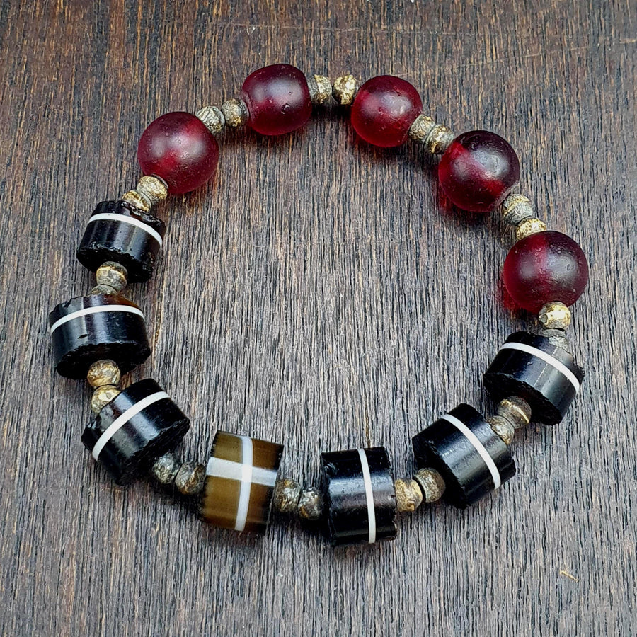Antique Yemeni Agate, Glass Trade Bracelet - Banded Striping, Brass Spacers, Stretch Fit, Tribal Collectible