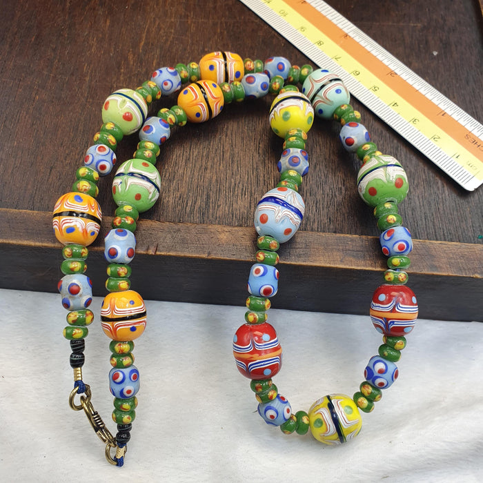 Vintage Venetian Style Fancy Bead Necklace Green Spacers Multicolor Eye Beads