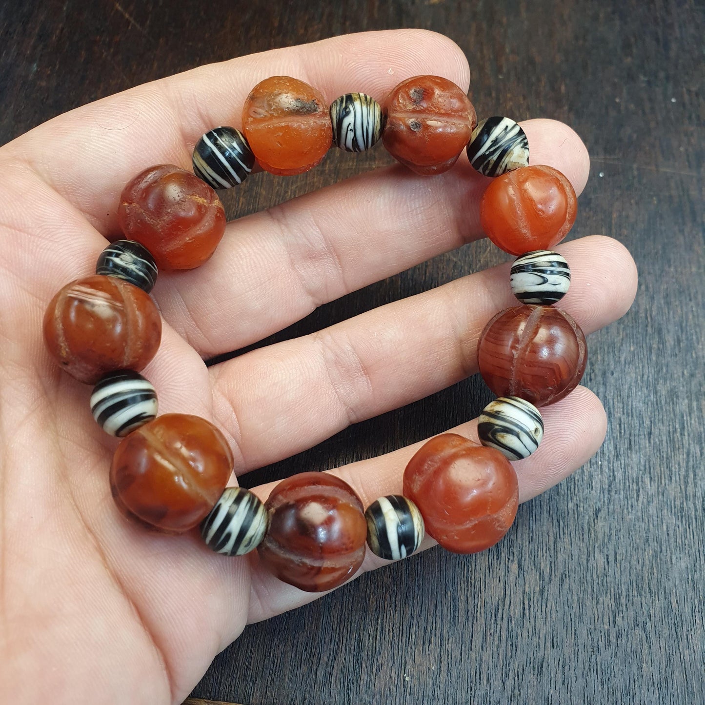 Antique Tibetan carnelian agate beads melon shape beaded Bracelet 19-16mm