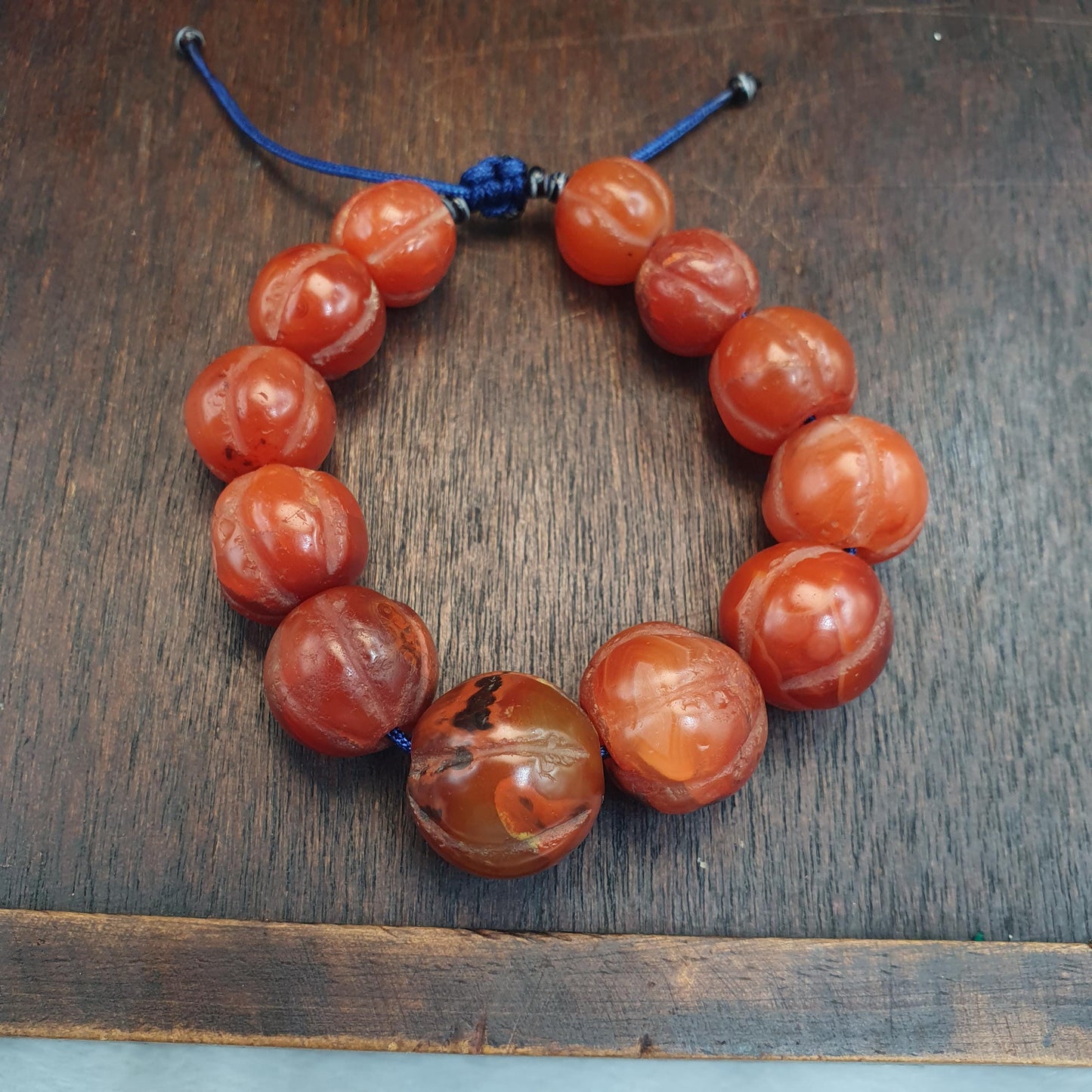 Antique Melon Carved Agate Beads Strand Old Carnelian Pumpkin Fluted Totem Rare Bracelet