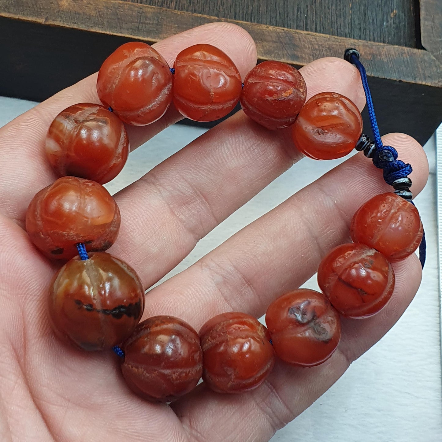 Antique Melon Carved Agate Beads Strand Old Carnelian Pumpkin Fluted Totem Rare Bracelet