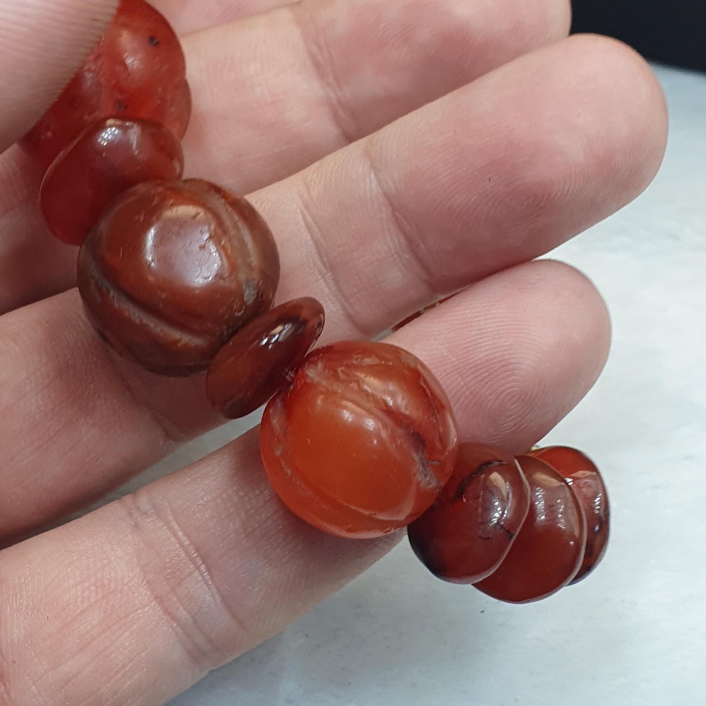 Ancient Carved Melon Agate Bead Bracelet, Hand Carved Fluted Carnelian, Antique Silk Road Trade Beads, Rare Archeological Focal Gift